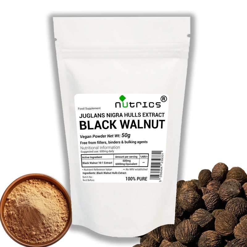 NutricsÂ® 50g Black Walnut Hulls Extract Powder - 100% Pure No fillers Binders or Bulking Agents - Juglans Nigra Persian Regia Jupiter's Royal Acorn Supplement (50g)